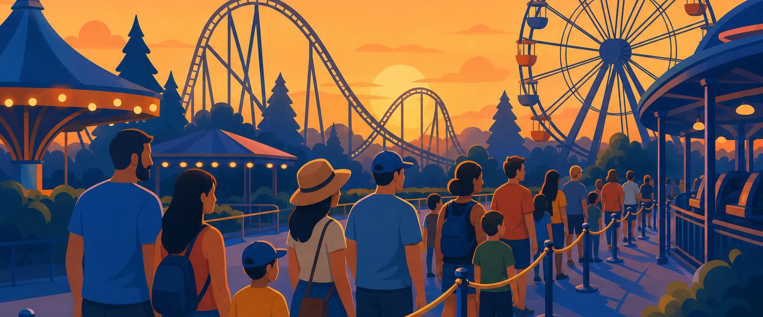 Stylized illustration of a theme park midway with a wait board